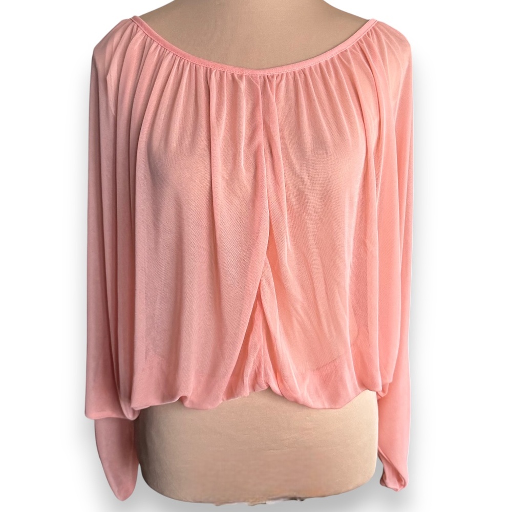 SANS SOUCI Peach Sheer Surplice Long Sleeve Blouse NWT